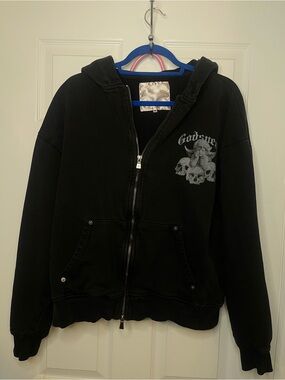 Men's Black Zip-Up Hoodie with Skull Graphic